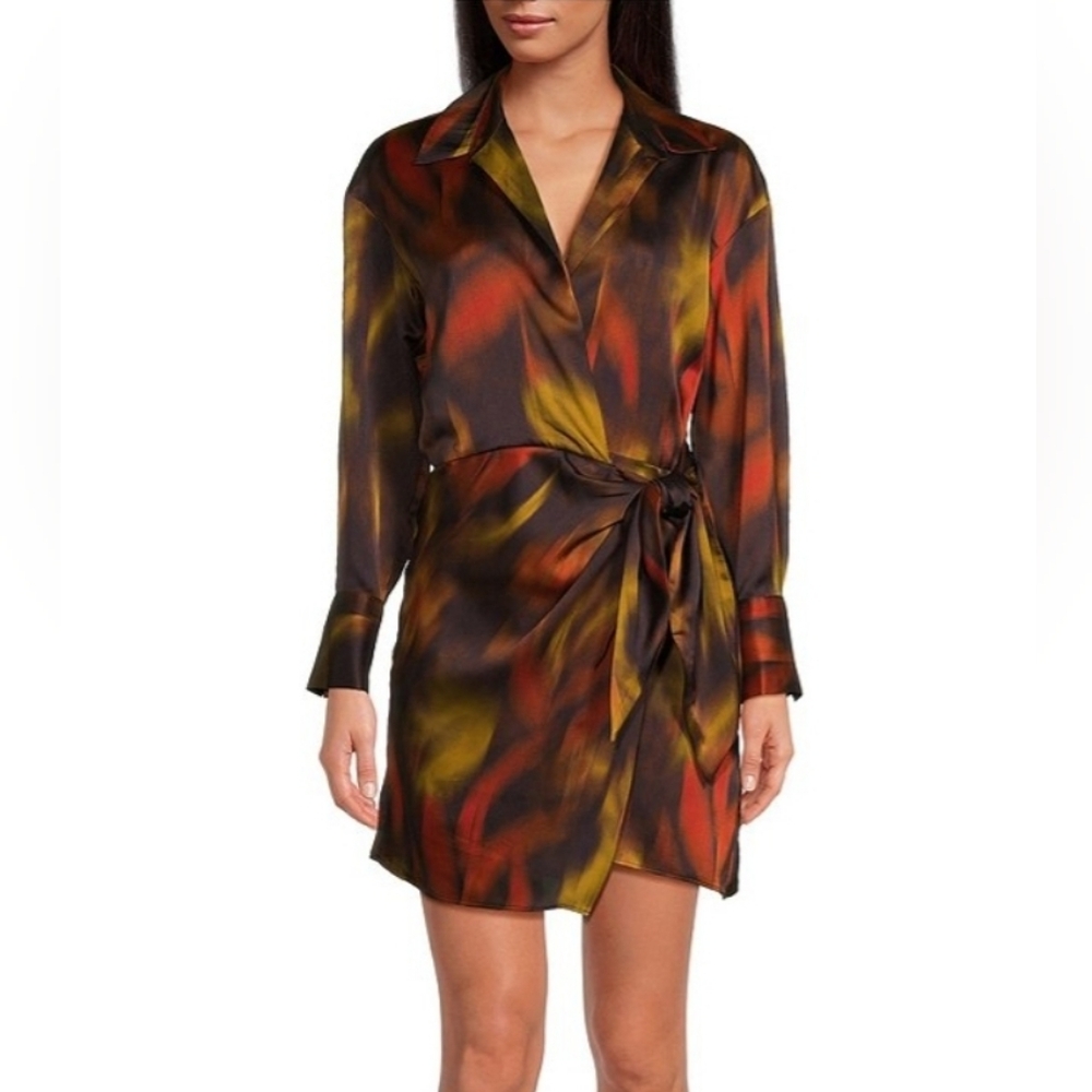 NWT Gianni Bini Avery Long Sleeve Satin Wrap Dress:Border Blur Print:Sizes-10&14